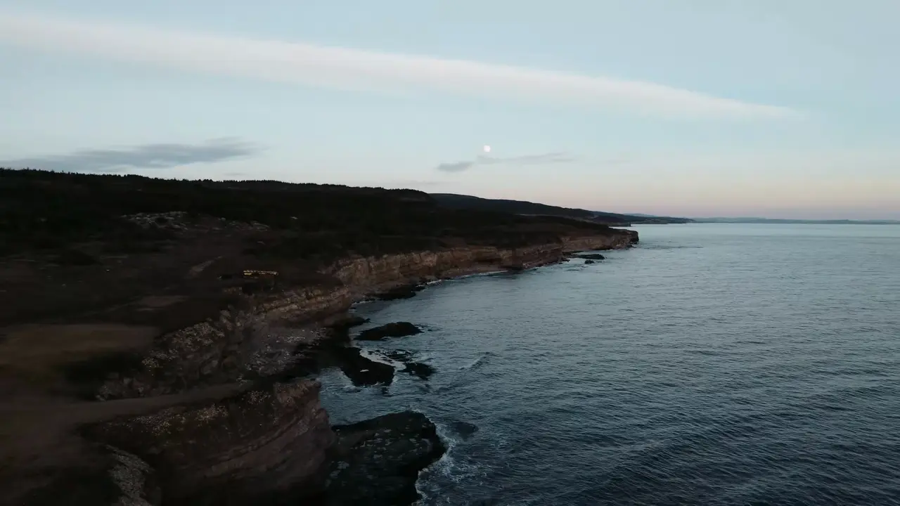 Quiet coastal water and shoreline at dusk.