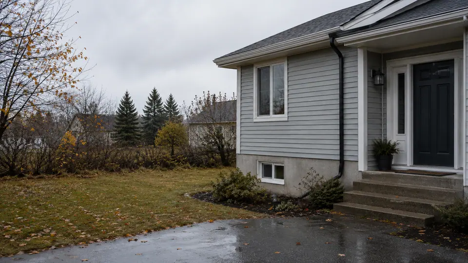 A grey-sided house on a wet autumn day, leaves on the lawn and a rain-soaked driveway.