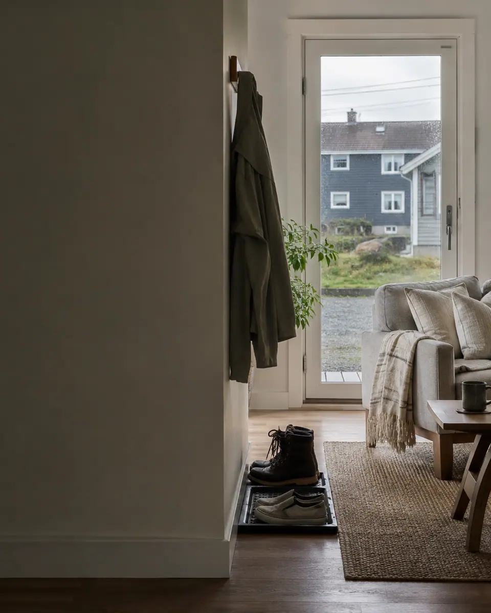 An ordinary lived-in entryway on an overcast day: a coat on a hook, boots by the door, and a neighbouring house through the glazed door.
