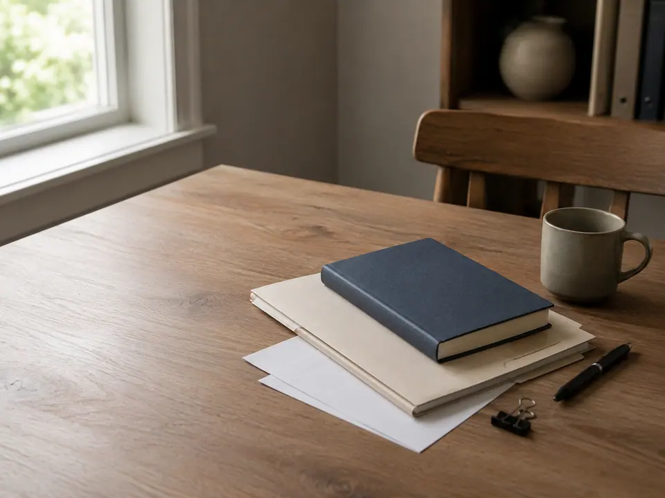 A wooden table by a window with a plain notebook, paper folders, a pen and a mug.