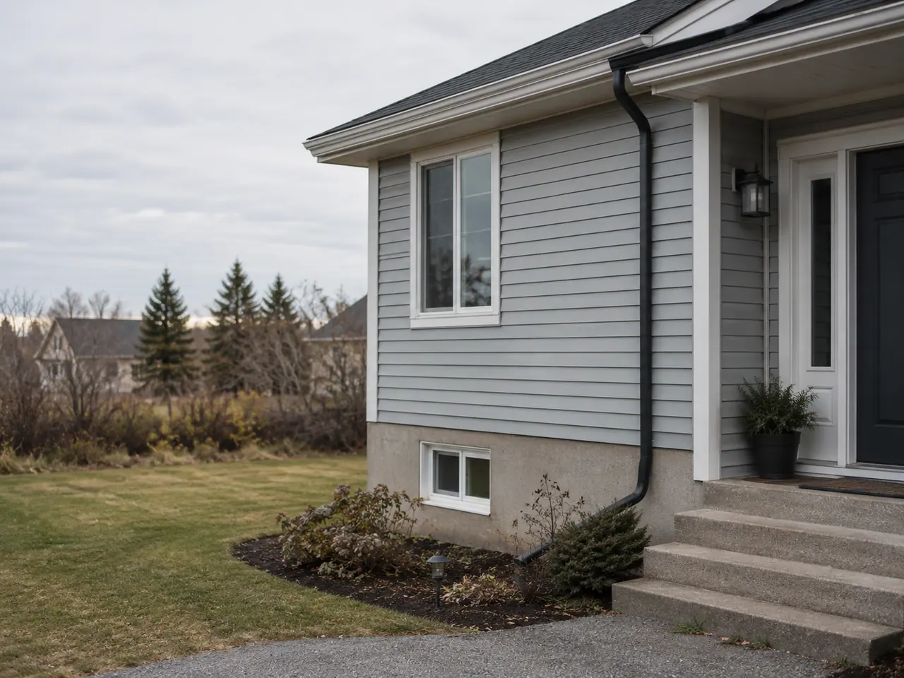 The front corner of a modest grey-sided house on an overcast day: foundation, basement window, entry steps and lawn.
