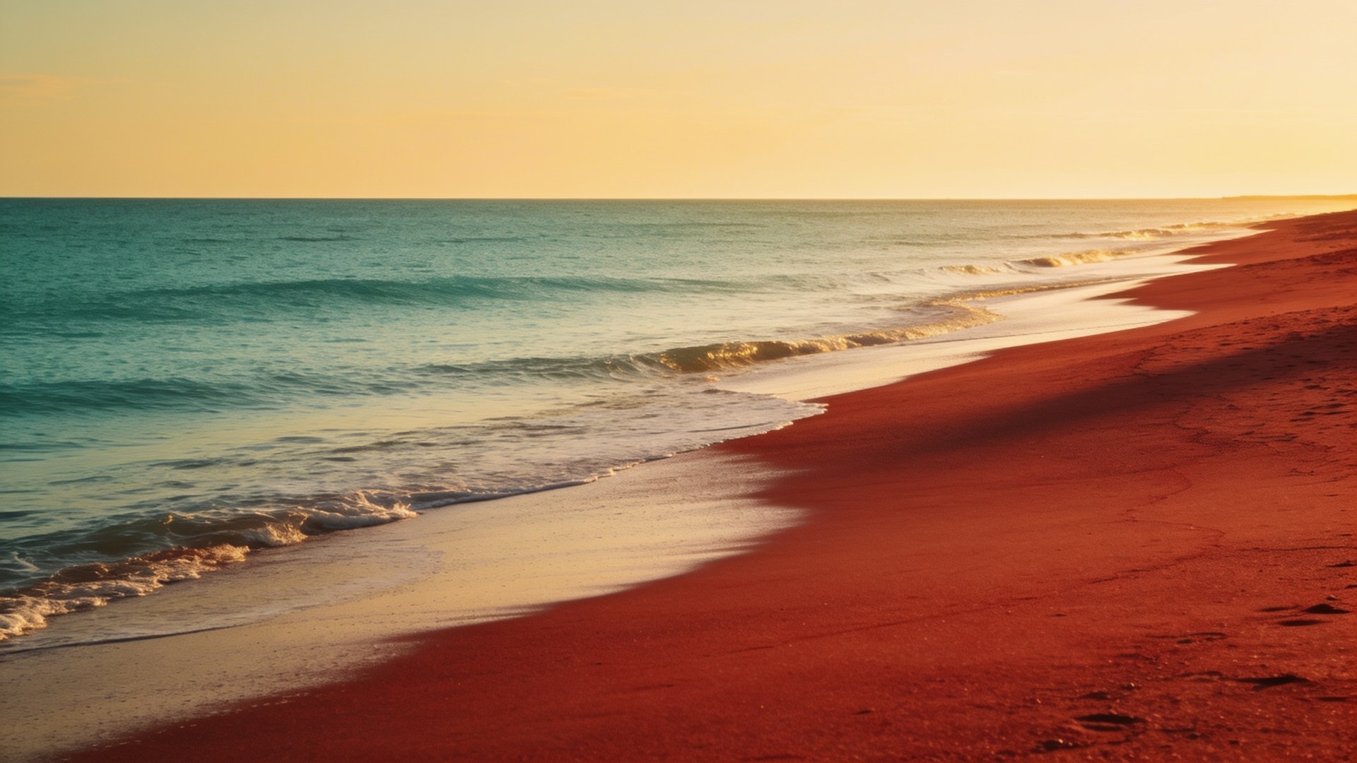 Red-sand shoreline at golden hour
