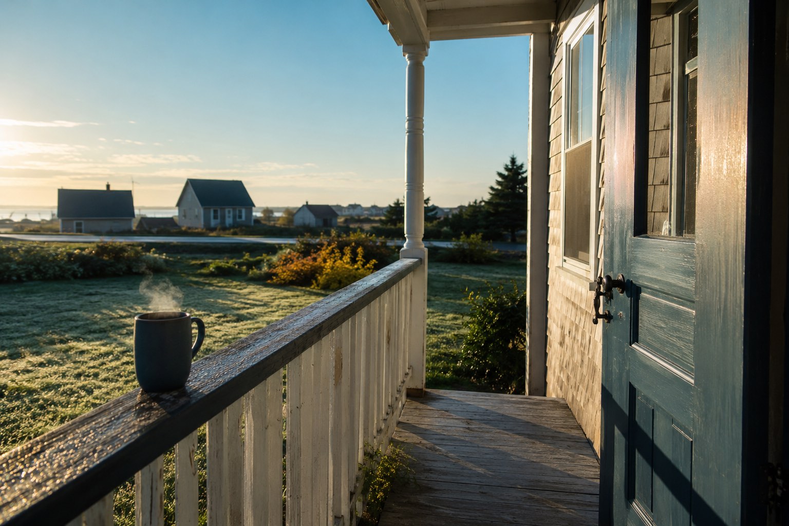 Morning coffee on a porch railing overlooking a quiet coastal neighbourhood.