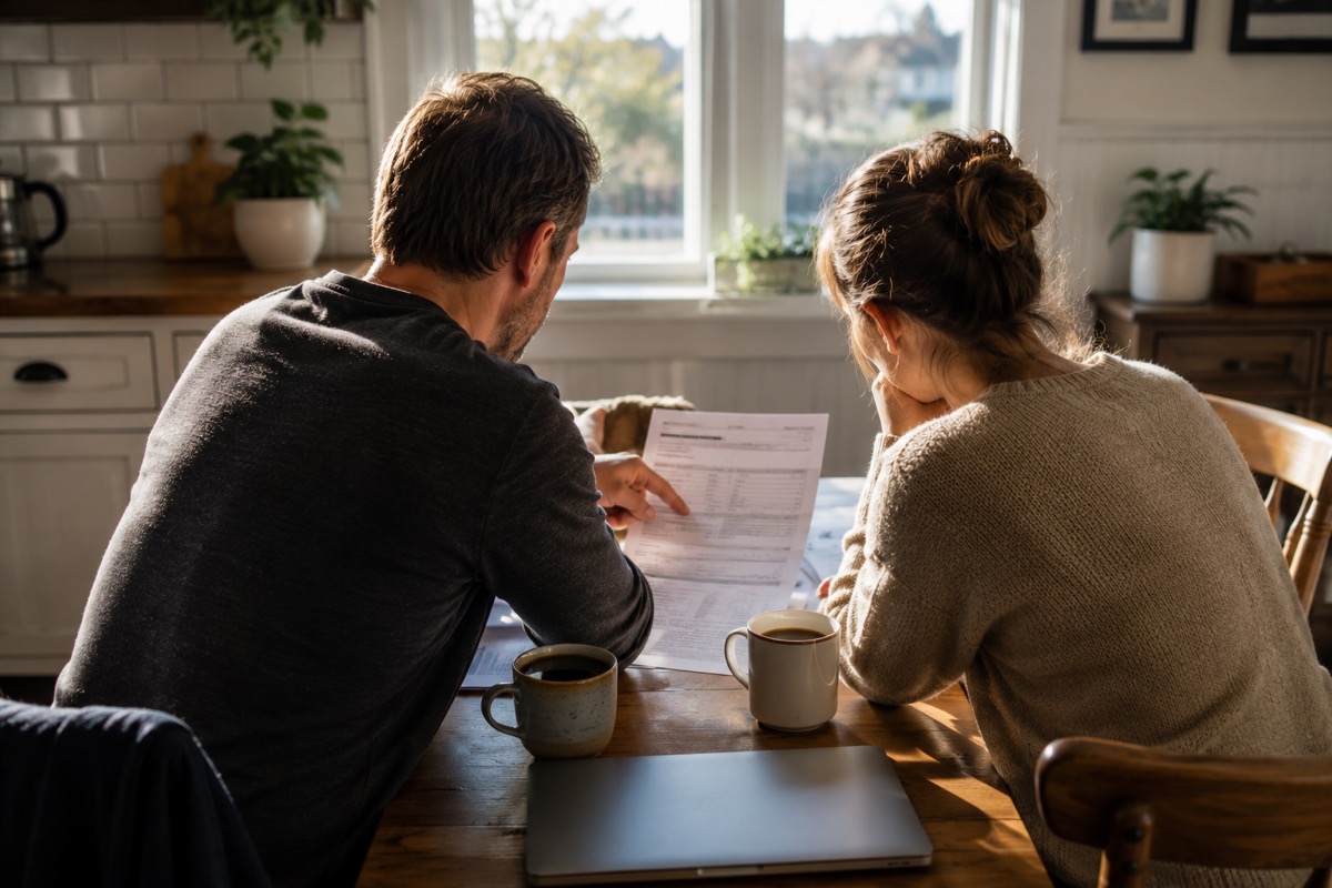 A couple reviewing household finances together at their kitchen table.