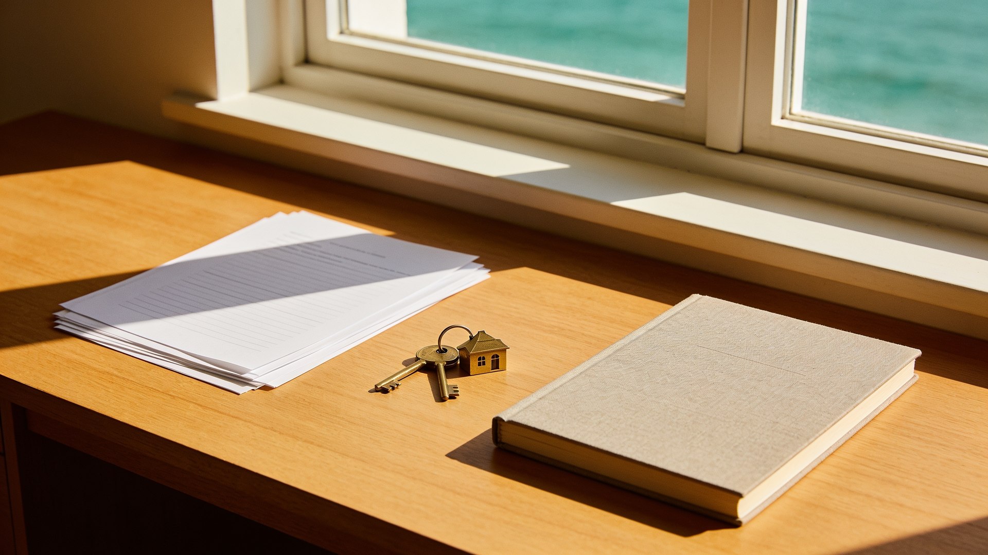 Sunlit desk with organized documents and house keys