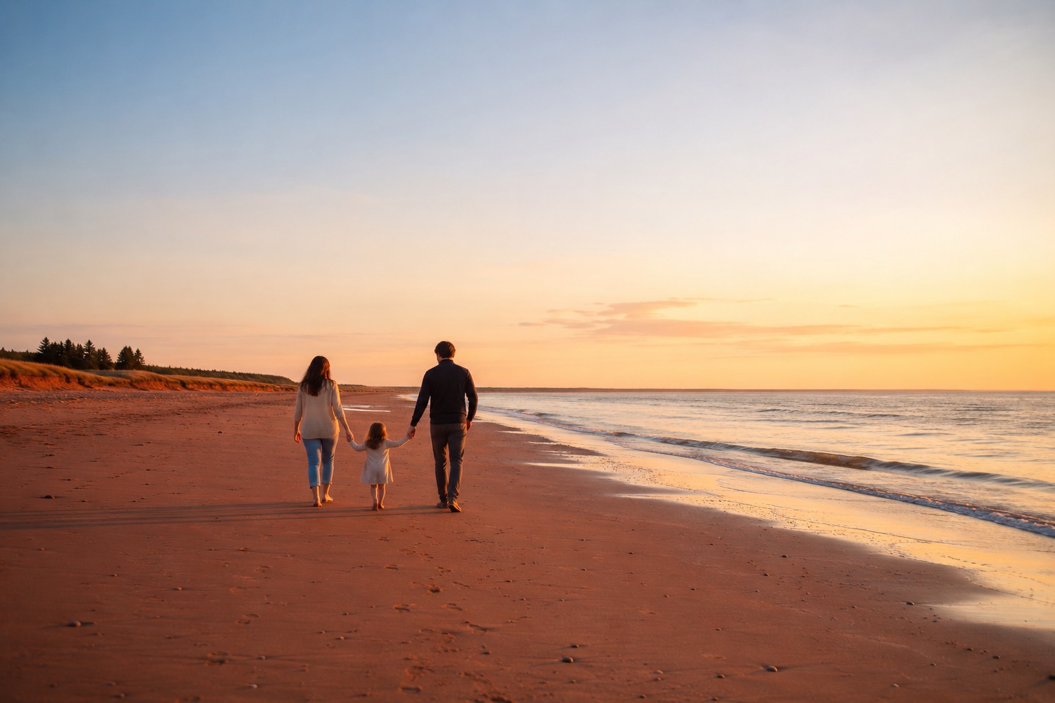 A family walking hand in hand along a red-sand Prince Edward Island beach at sunset.