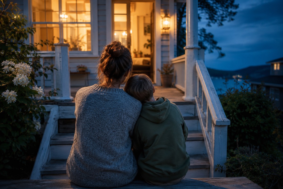 A parent and child sitting together on the front steps of a warmly lit home at dusk.