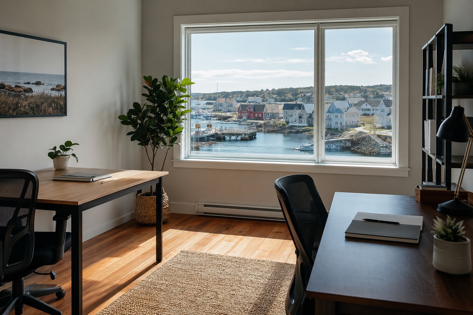 A bright office with a large window overlooking an Atlantic harbour town.
