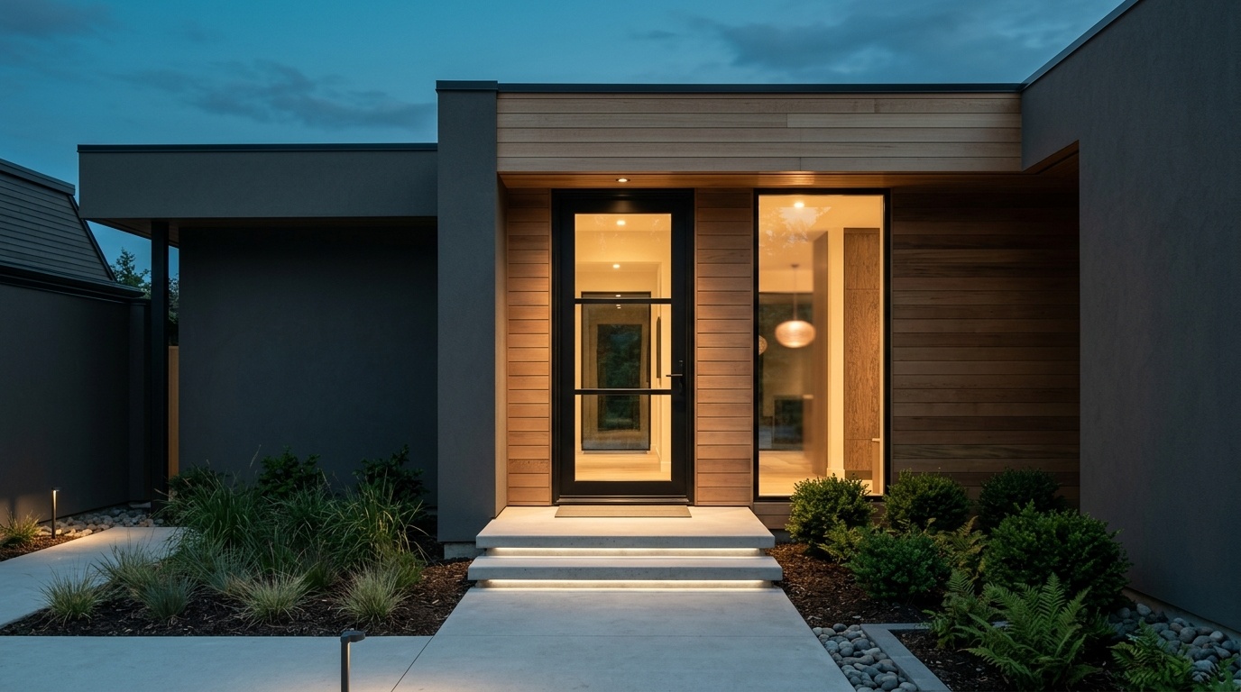 Front door of a modern home at dusk
