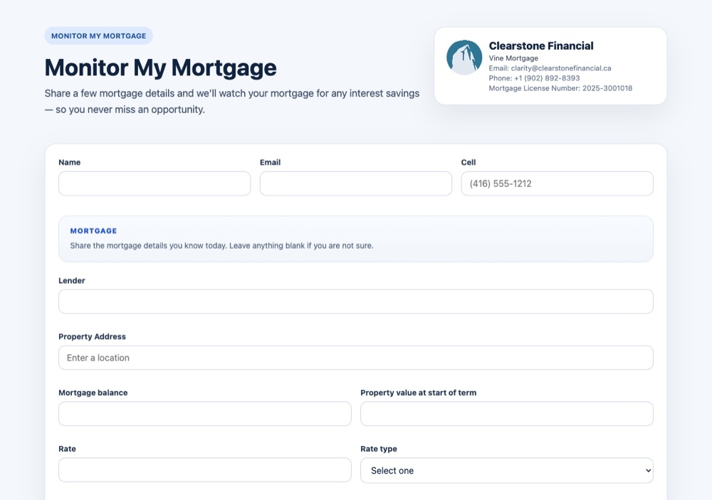 Clearstone's mortgage monitoring intake form