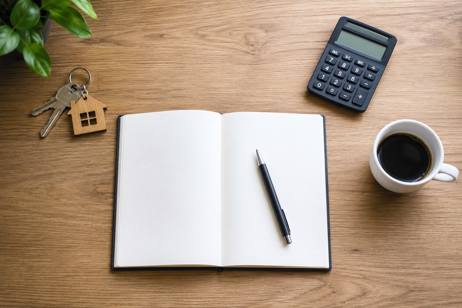 A desk seen from above with a blank notebook, calculator, house keys, and coffee.